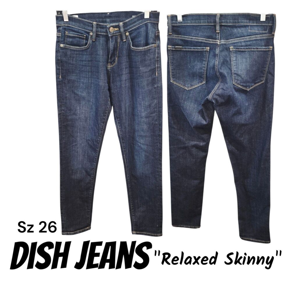 Dish Denim Sz 26 Relaxed Skinny Dark Wash Mid Rise 5 Pocket Stretch Logo Jeans